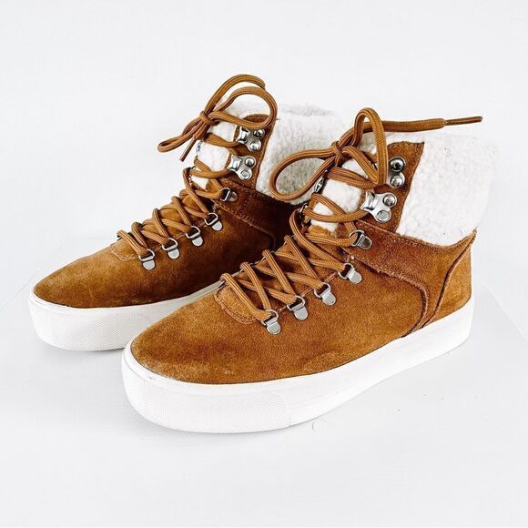 Marc Fisher Darlen Brown Tan Leather Sherpa Casual Winter Lace Ankle Boots Sz 7 - Picture 1 of 7